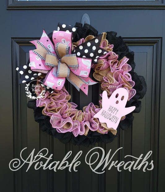 Pink Halloween wreath for front door, pinkoween wreath, Pink Halloween wreath, ghost wreath