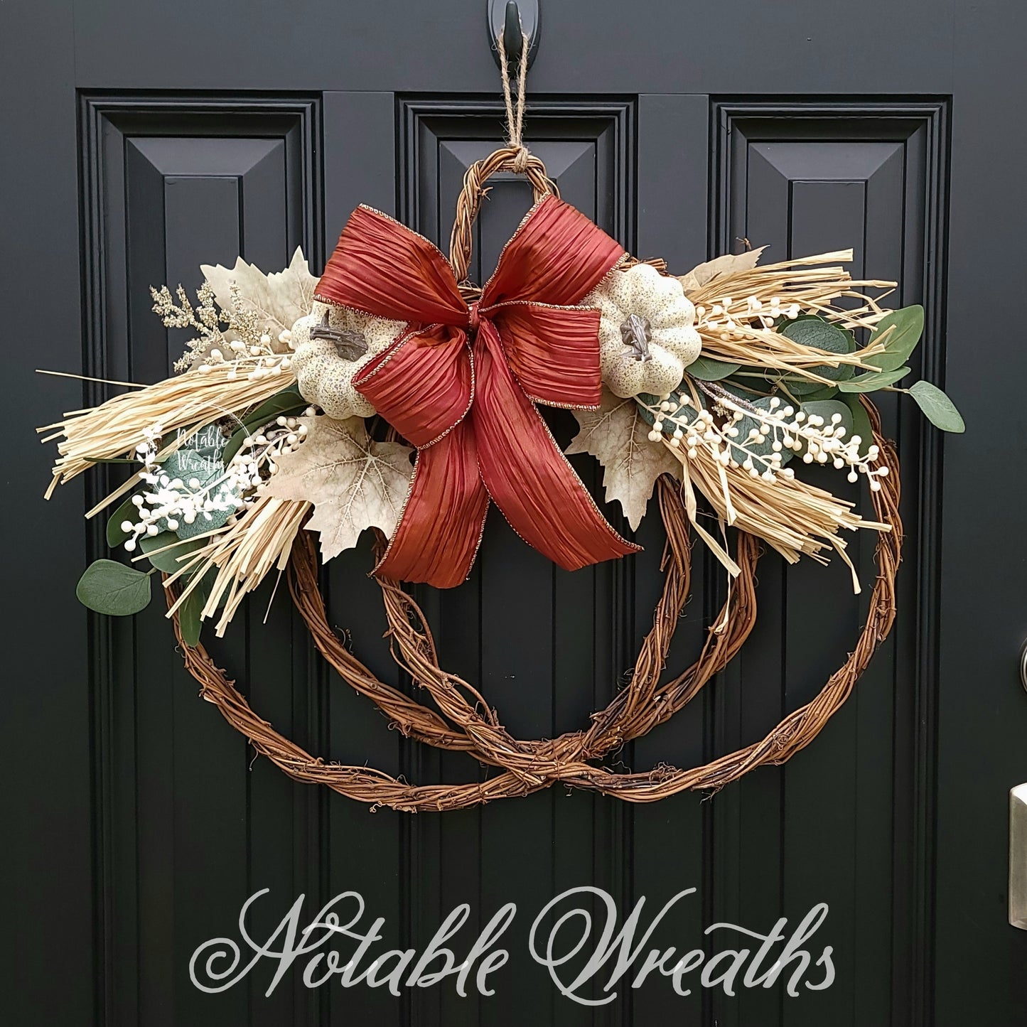 Fall grapevine pumpkin wreath with Eucalyptus and white pumpkins, corn husk wreath, Fall berry wreath