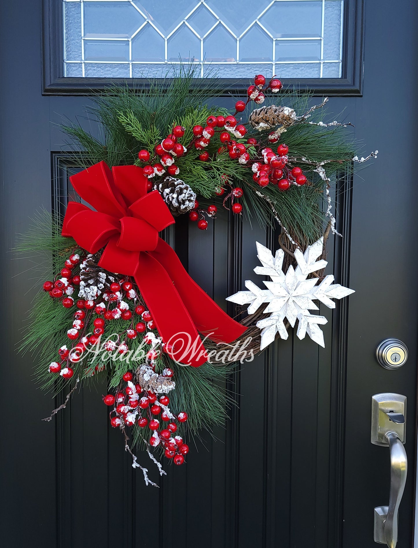 Winter red berry wreath for front door, evergreen Christmas wreath, snowflake wreath, cedar wreath, wreath with red velvet bow