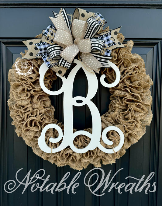 Everyday monogram wreath for front door, year round wreath for double doors, neutral wreath for all seasons, housewarming gifts, plain burlap wreath