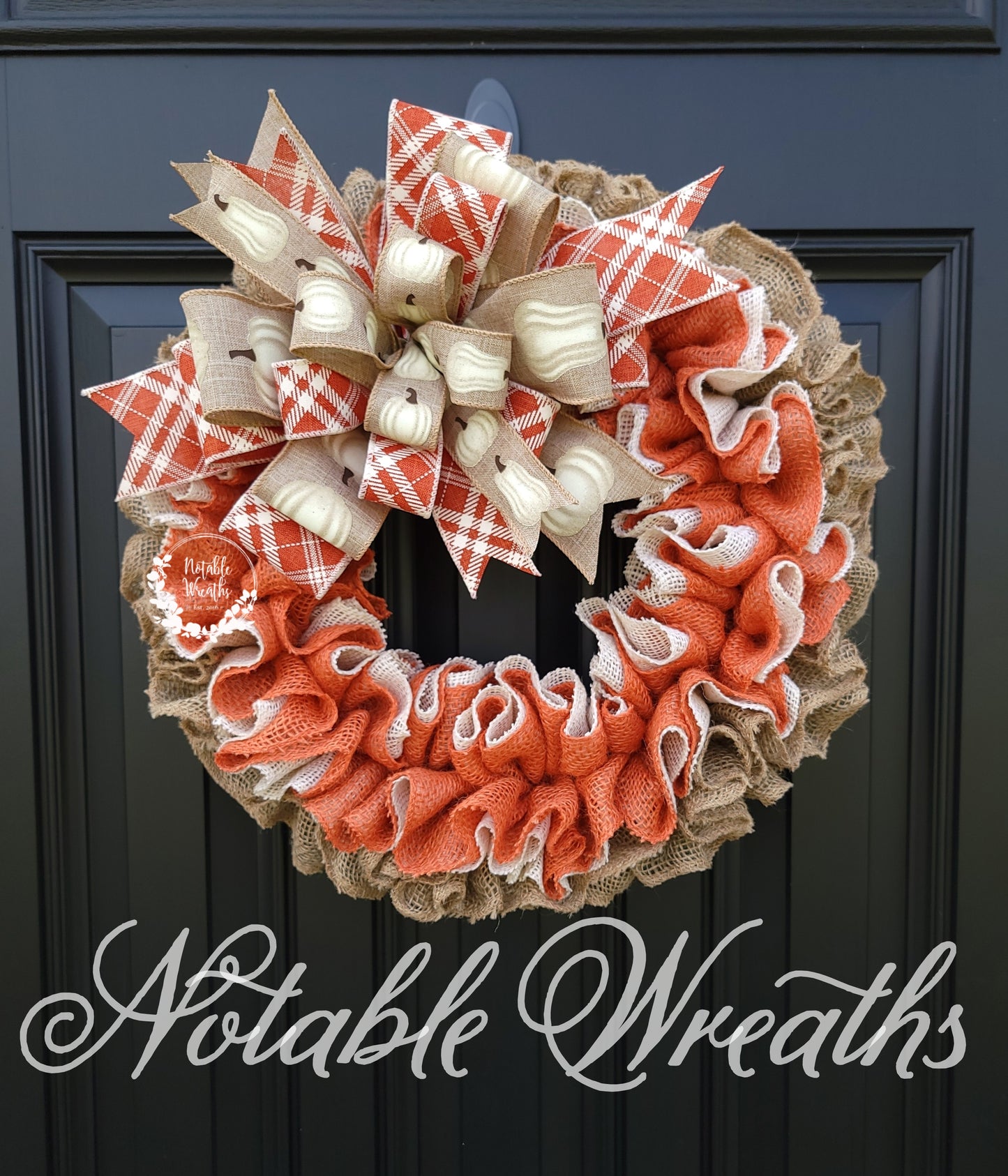 Orange Fall burlap wreath for front door, Fall porch decor, white pumpkin wreath, Fall housewarming gifts, orange and cream Fall wreath