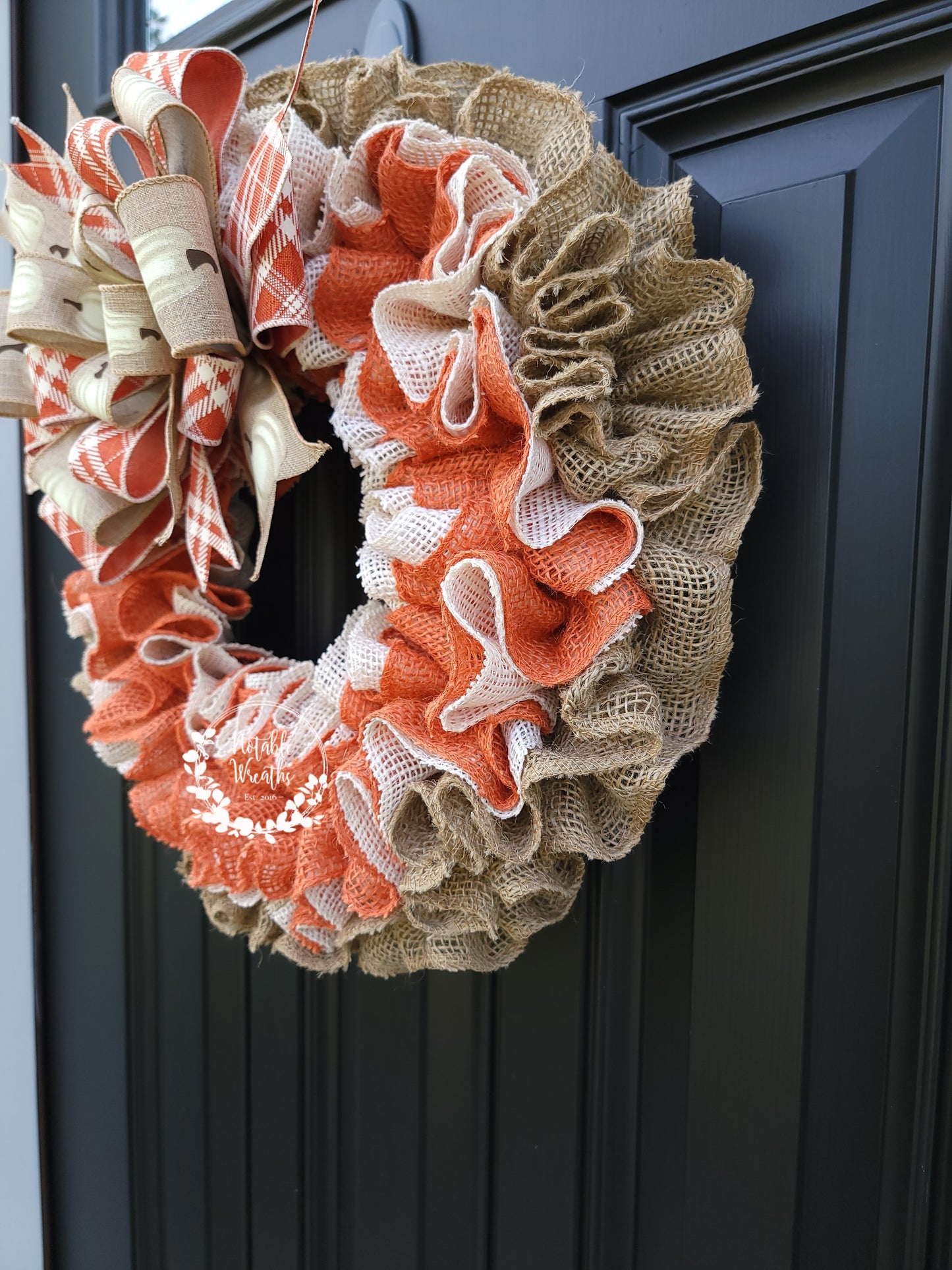 Orange Fall burlap wreath for front door, Fall porch decor, white pumpkin wreath, Fall housewarming gifts, orange and cream Fall wreath