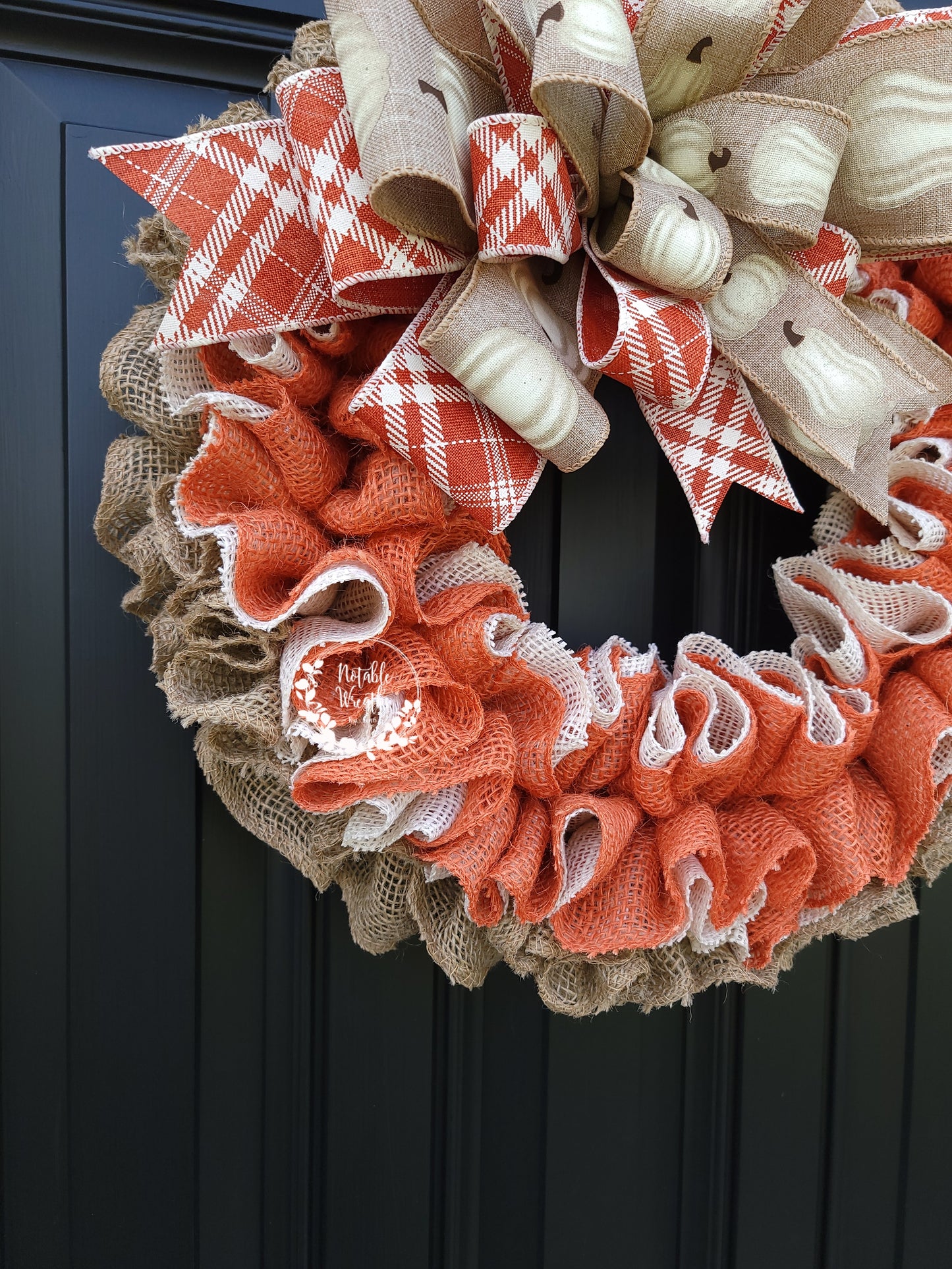 Orange Fall burlap wreath for front door, Fall porch decor, white pumpkin wreath, Fall housewarming gifts, orange and cream Fall wreath