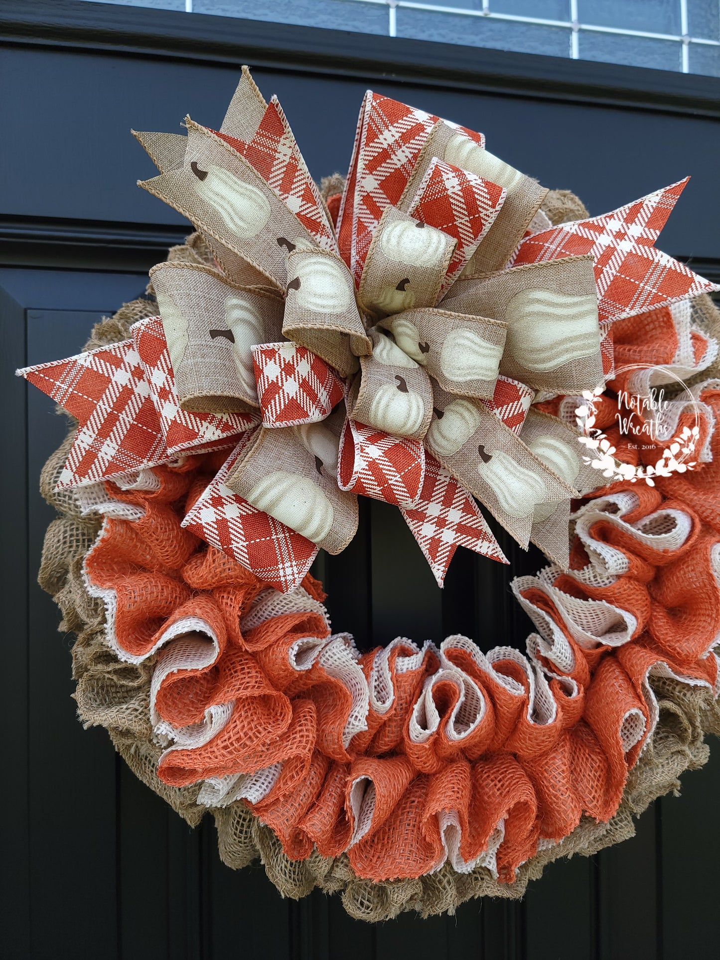 Orange Fall burlap wreath for front door, Fall porch decor, white pumpkin wreath, Fall housewarming gifts, orange and cream Fall wreath