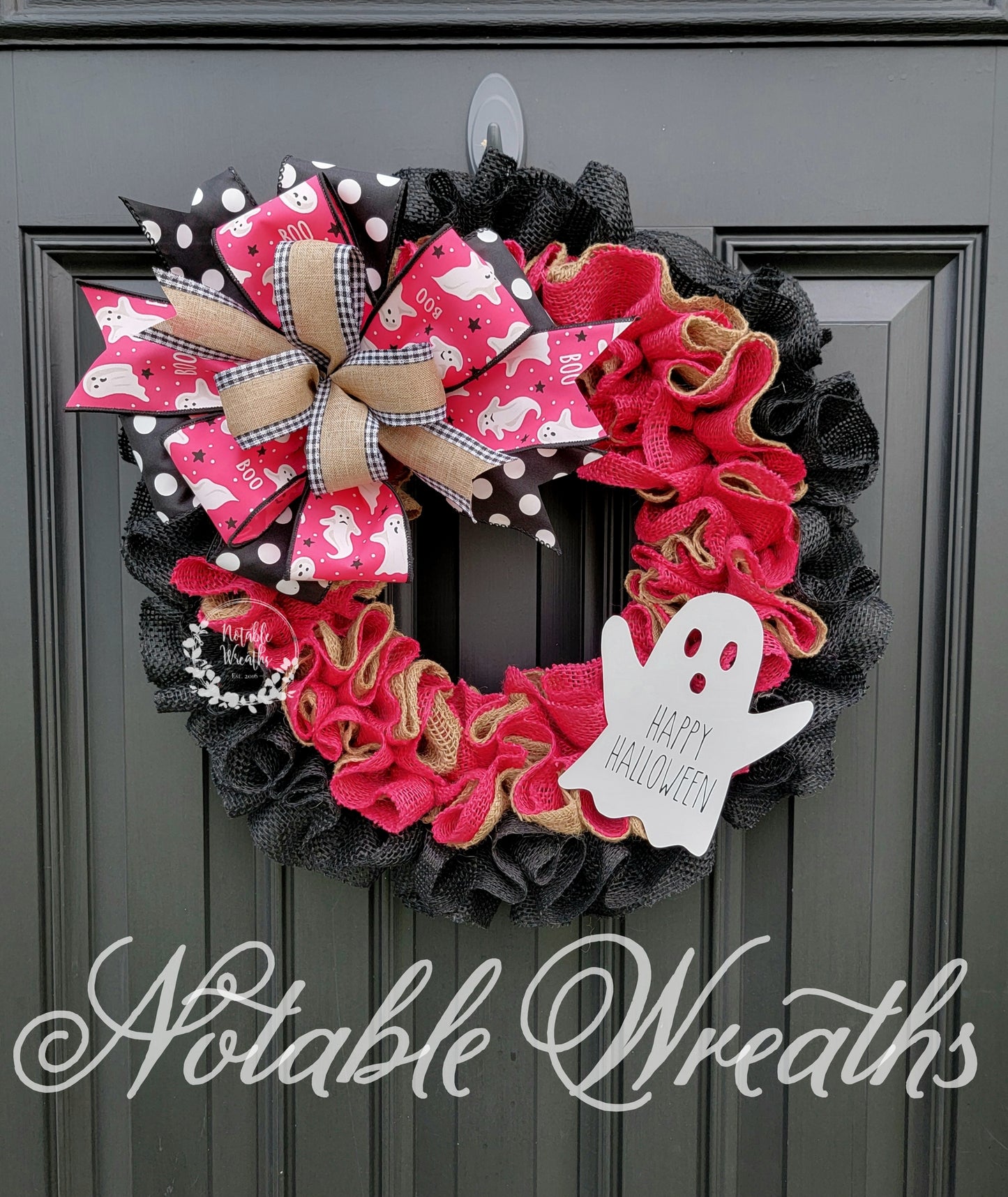 Pink Halloween wreath for front door, Boo wreath, Pink Halloween wreath, ghost wreath