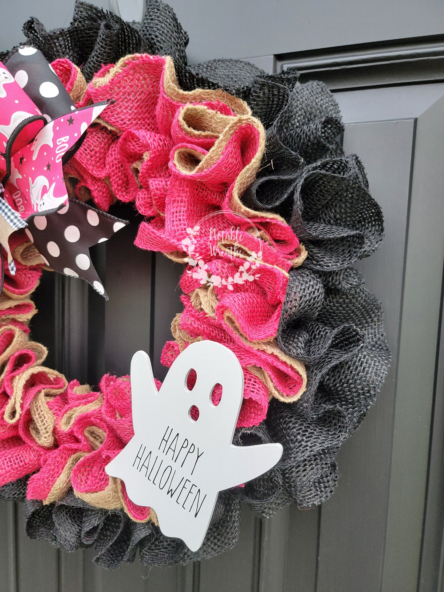 Pink Halloween wreath for front door, Boo wreath, Pink Halloween wreath, ghost wreath