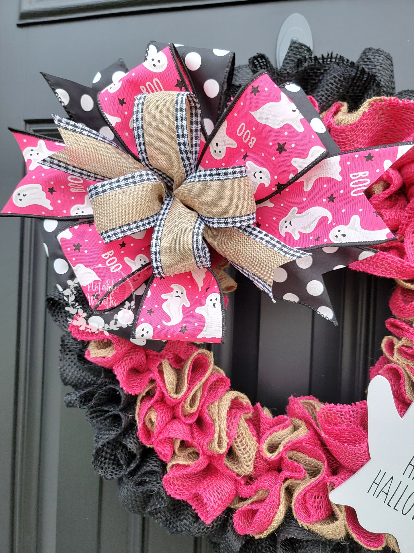 Pink Halloween wreath for front door, Boo wreath, Pink Halloween wreath, ghost wreath