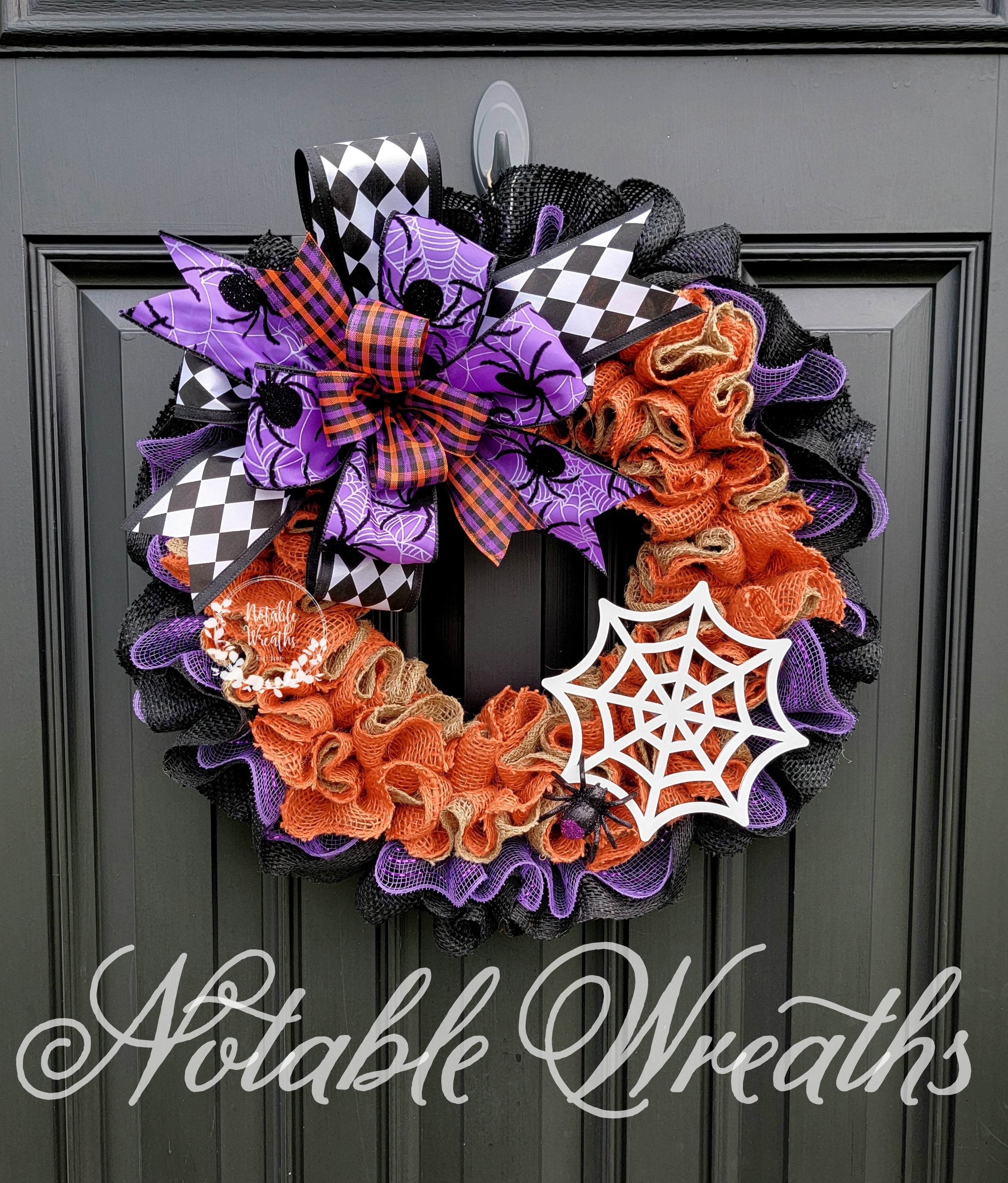 Halloween Wreath For Front Door, Deco Mesh Wreaths For Halloween, Halloween Wreath With Spiders, 2024 Orange and Purple Halloween Wreath, Wreaths