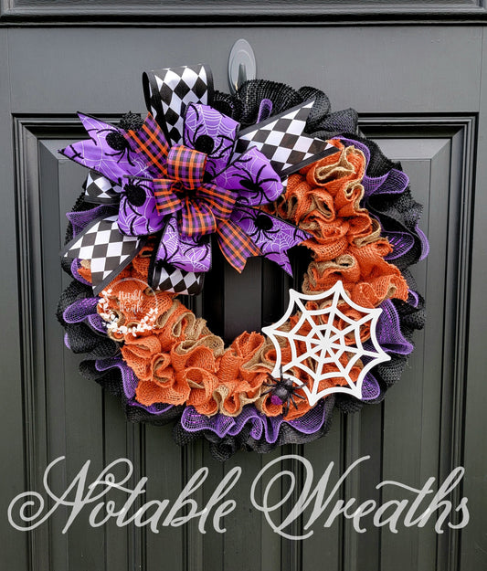 Rustic Halloween spider wreath for front door, Spider web wreath for Halloween, Halloween decor