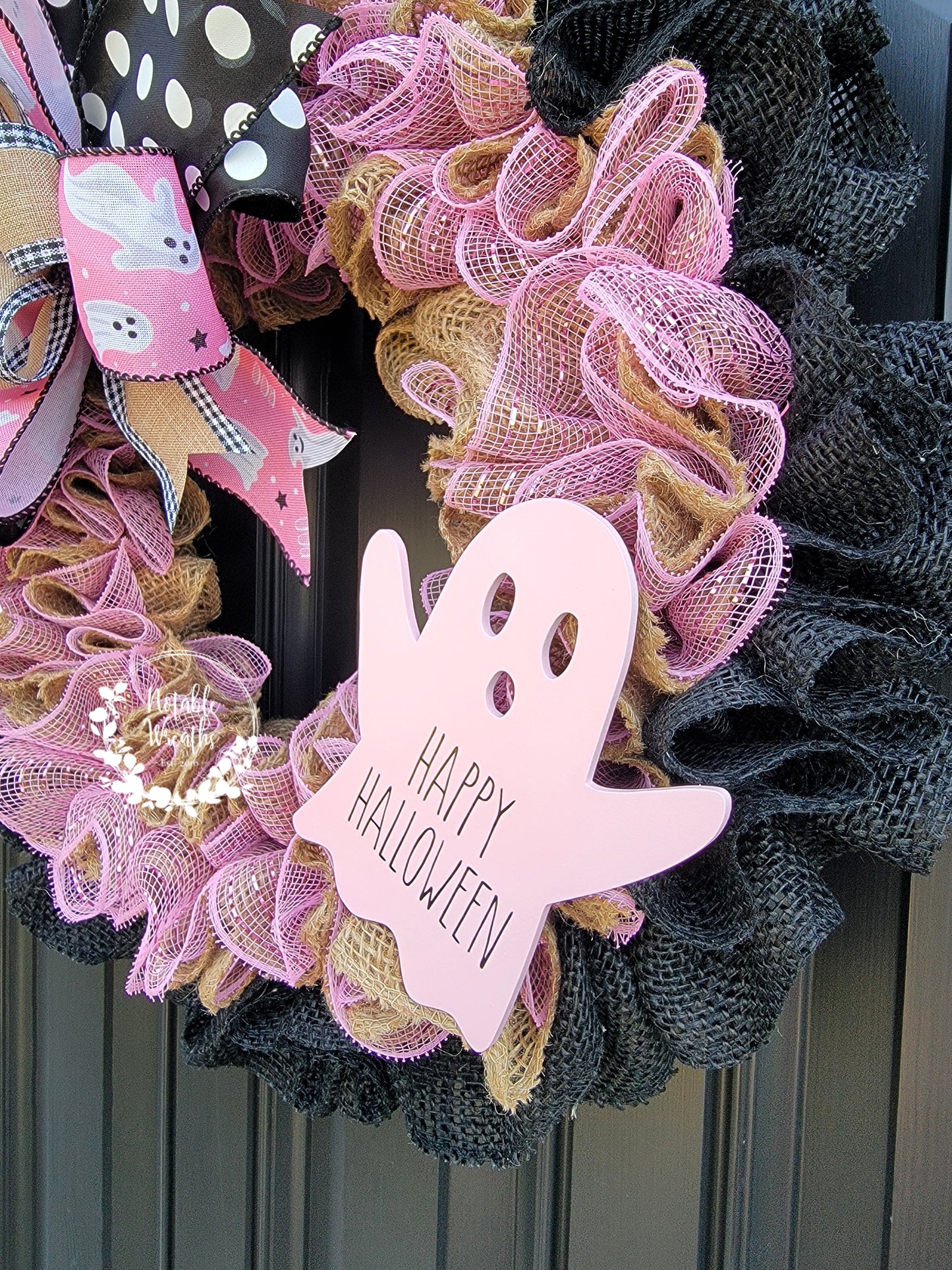 Pink Halloween wreath for front door, pinkoween wreath, Pink Halloween wreath, ghost wreath