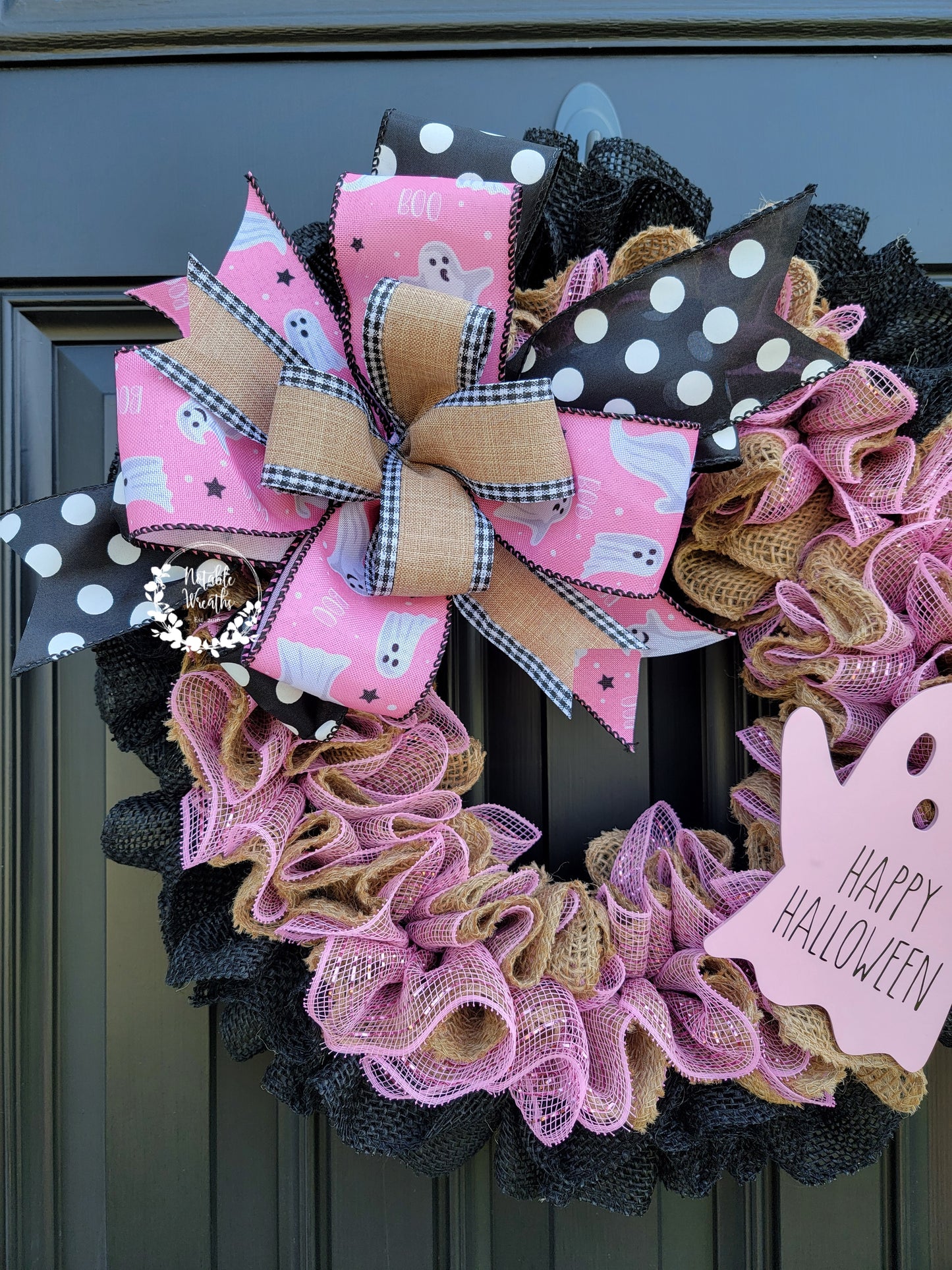 Pink Halloween wreath for front door, pinkoween wreath, Pink Halloween wreath, ghost wreath