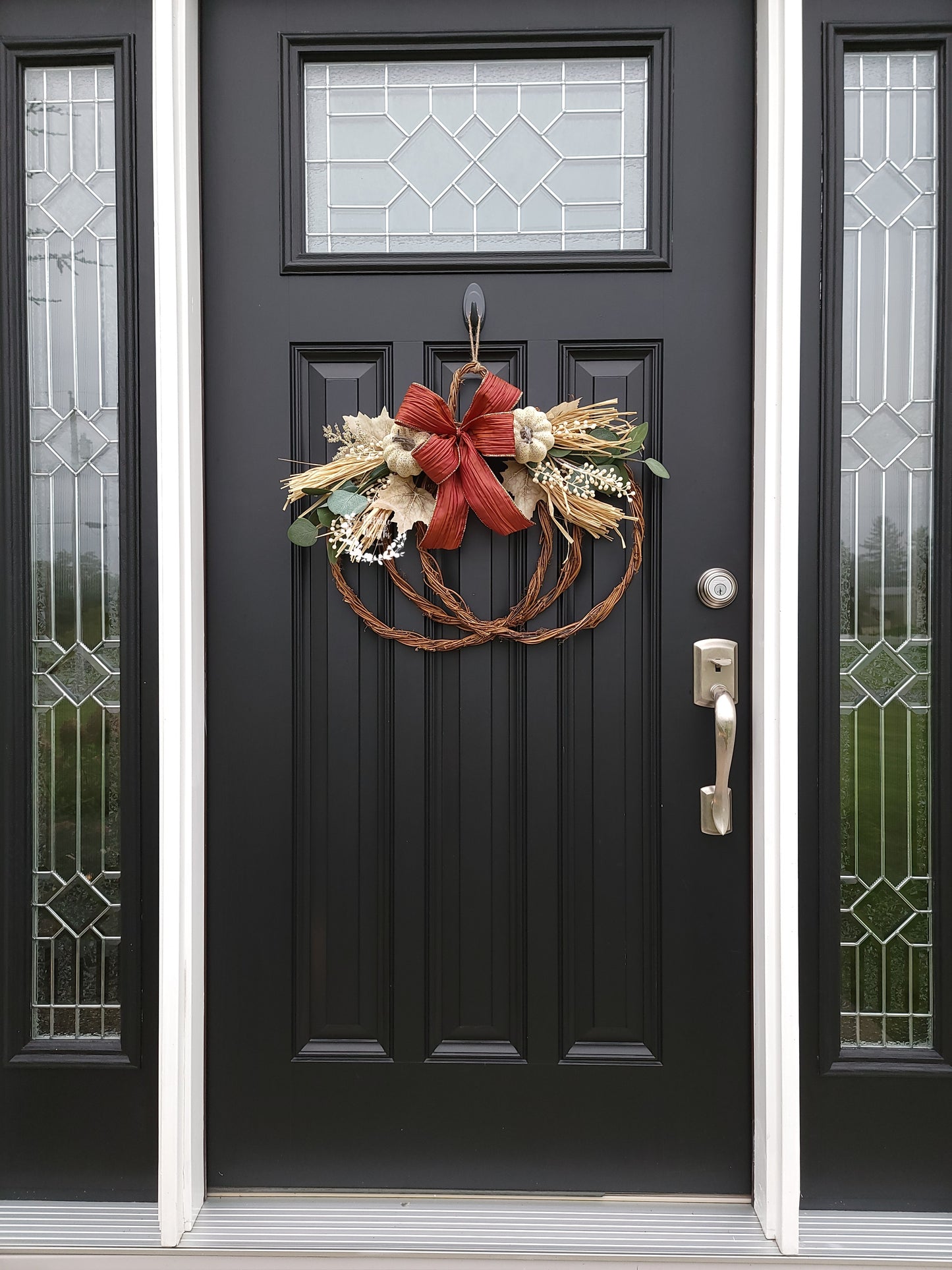 Fall grapevine pumpkin wreath with Eucalyptus and white pumpkins, corn husk wreath, Fall berry wreath