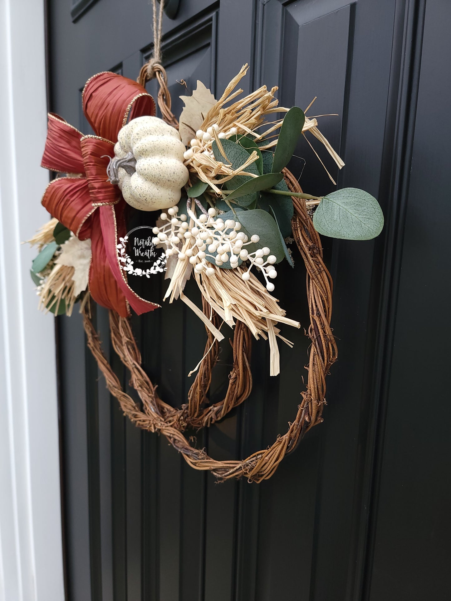 Fall grapevine pumpkin wreath with Eucalyptus and white pumpkins, corn husk wreath, Fall berry wreath