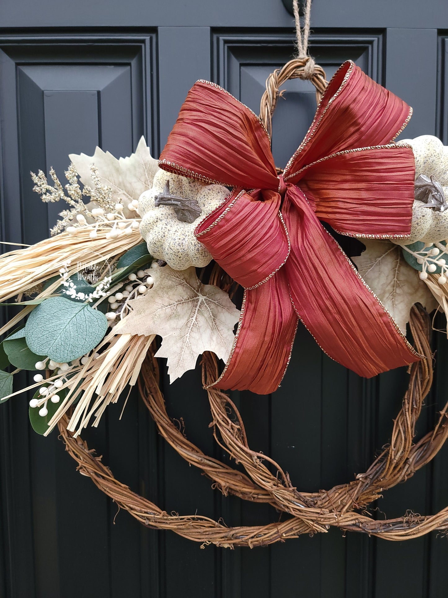 Fall grapevine pumpkin wreath with Eucalyptus and white pumpkins, corn husk wreath, Fall berry wreath