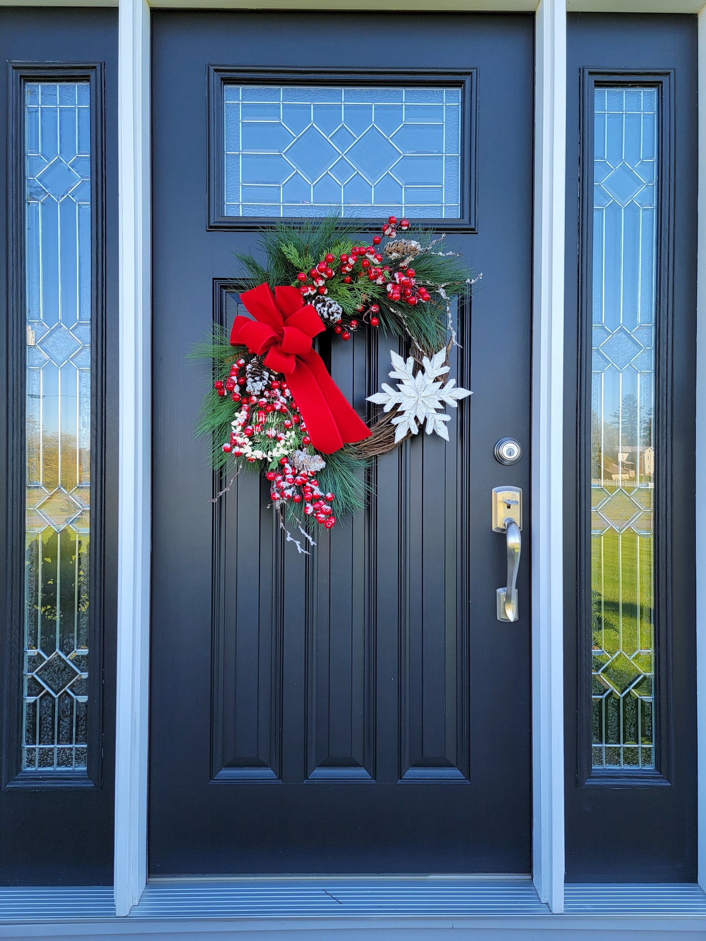 Winter red berry wreath for front door, evergreen Christmas wreath, snowflake wreath, cedar wreath, wreath with red velvet bow