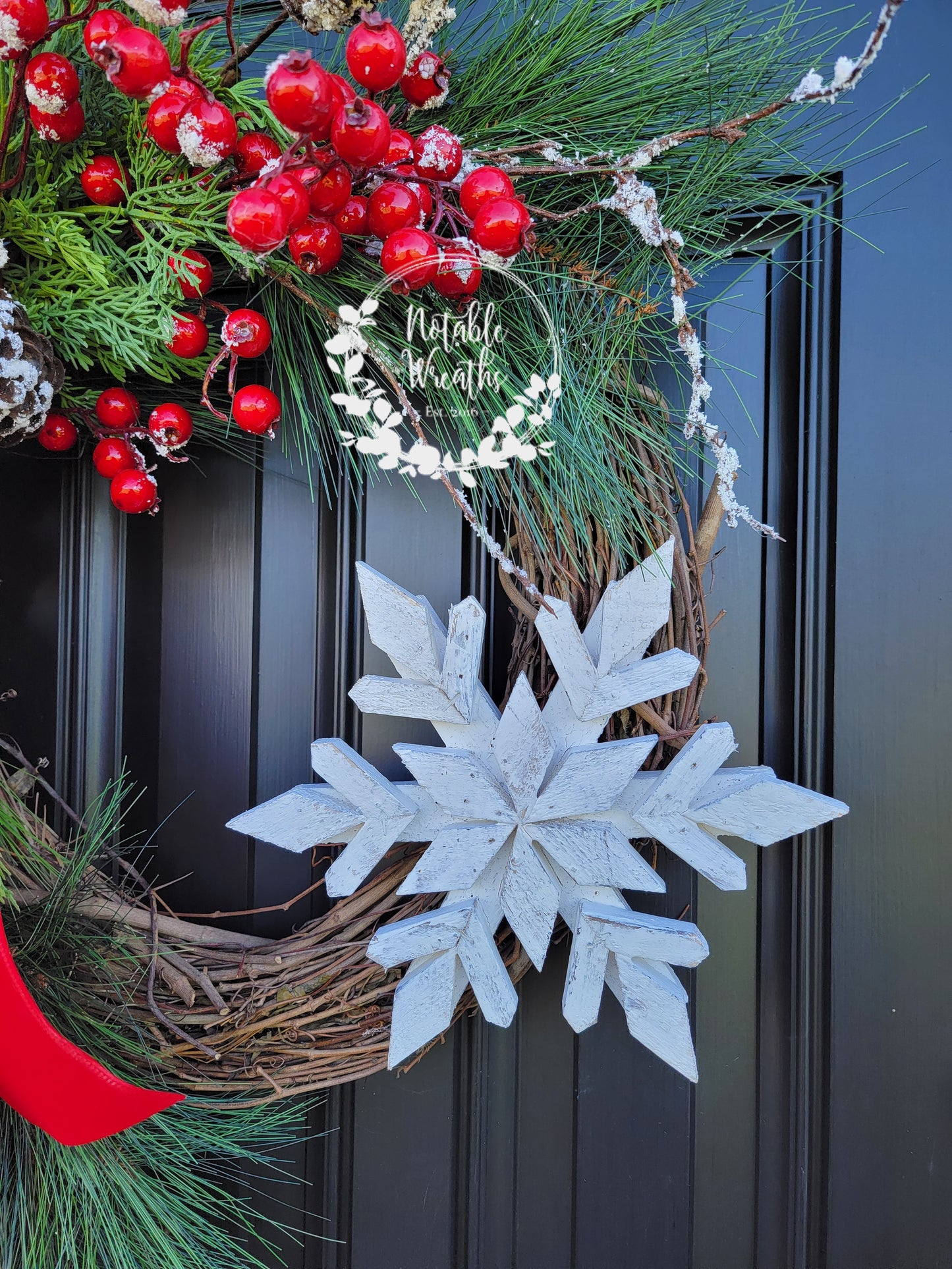 Winter red berry wreath for front door, evergreen Christmas wreath, snowflake wreath, cedar wreath, wreath with red velvet bow