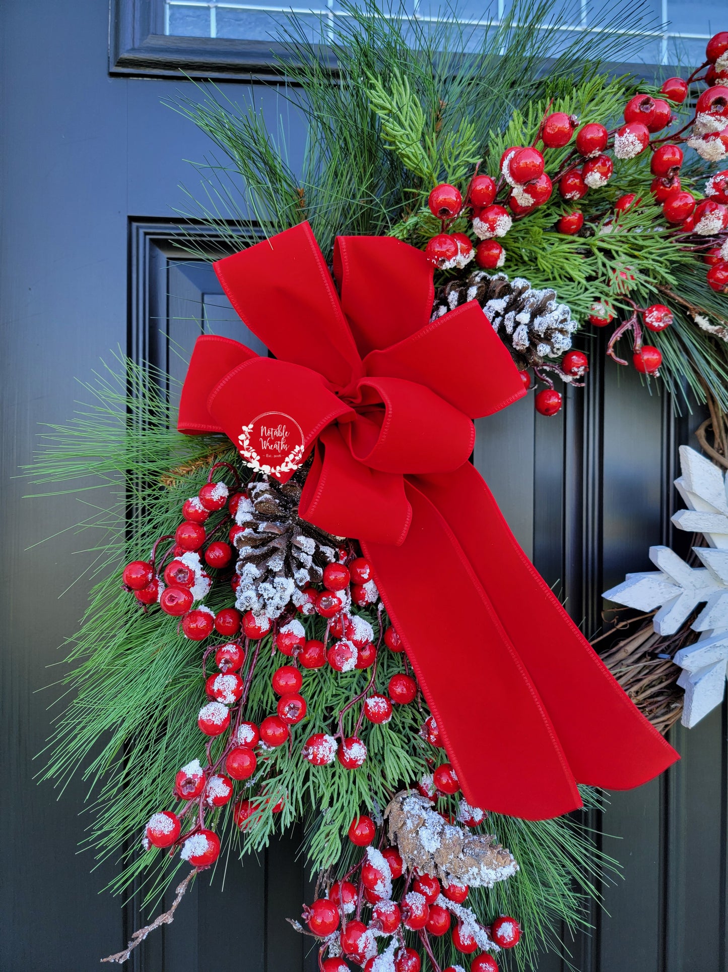 Winter red berry wreath for front door, evergreen Christmas wreath, snowflake wreath, cedar wreath, wreath with red velvet bow