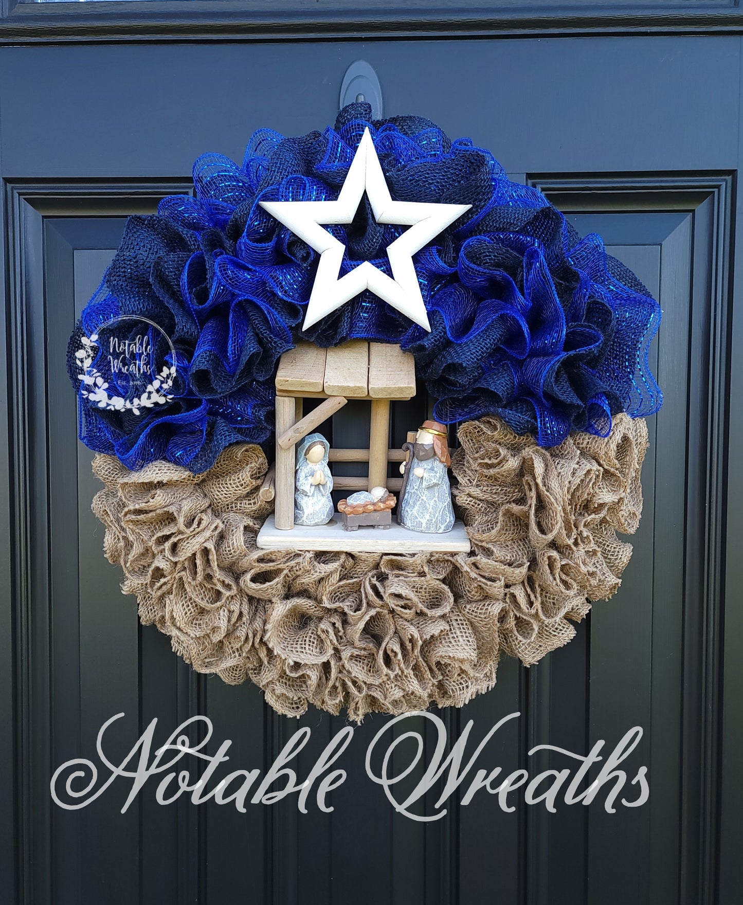 Nativity wreath, lighted manger scene wreath for front door, religious Christmas wreath