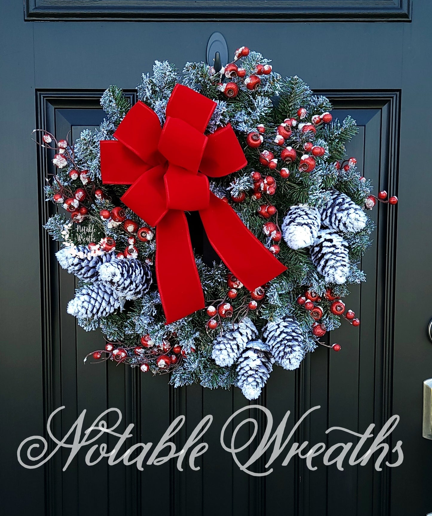 Flocked Pine wreath, red berry wreath, Christmas wreath, winter wreath