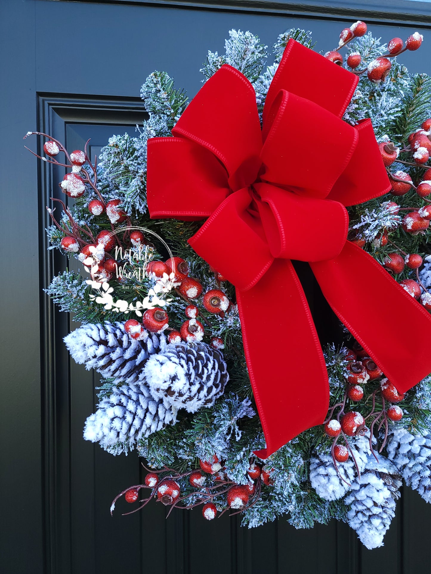 Flocked Pine wreath, red berry wreath, Christmas wreath, winter wreath