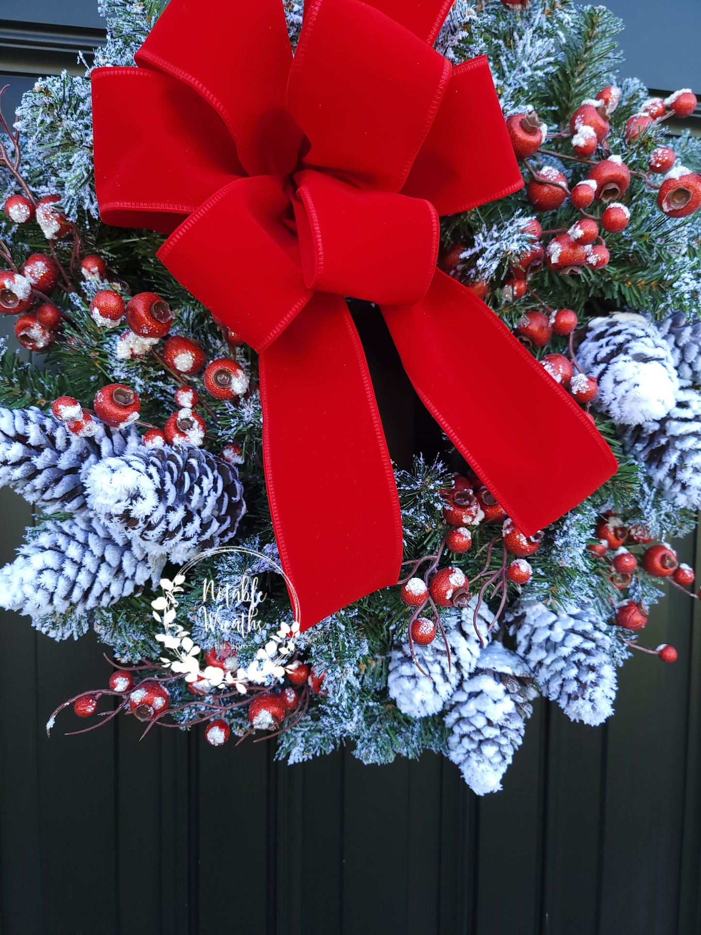 Flocked Pine wreath, red berry wreath, Christmas wreath, winter wreath