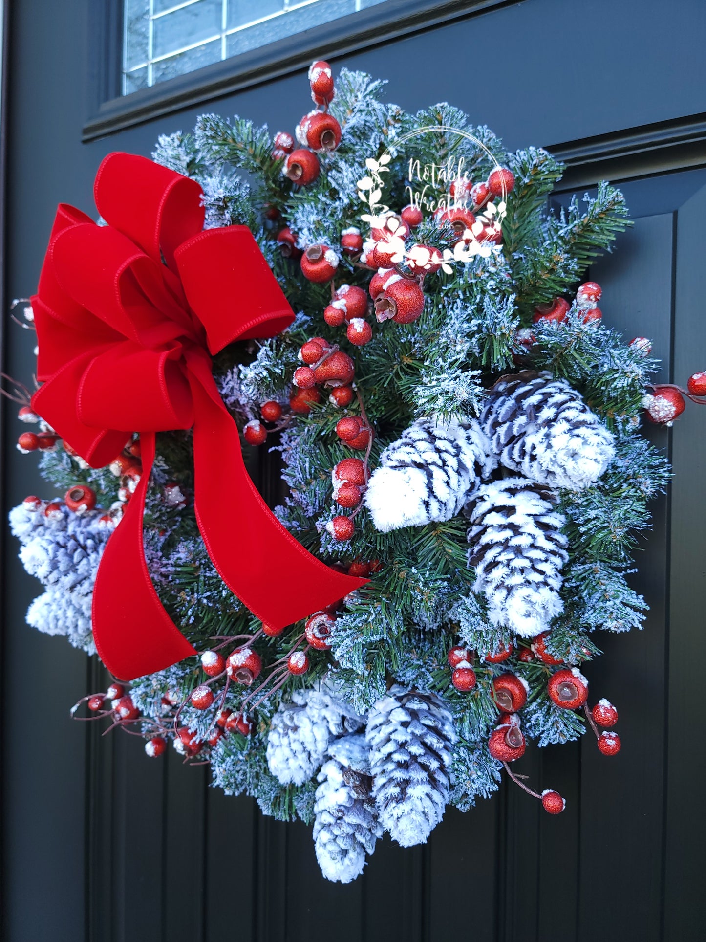 Flocked Pine wreath, red berry wreath, Christmas wreath, winter wreath