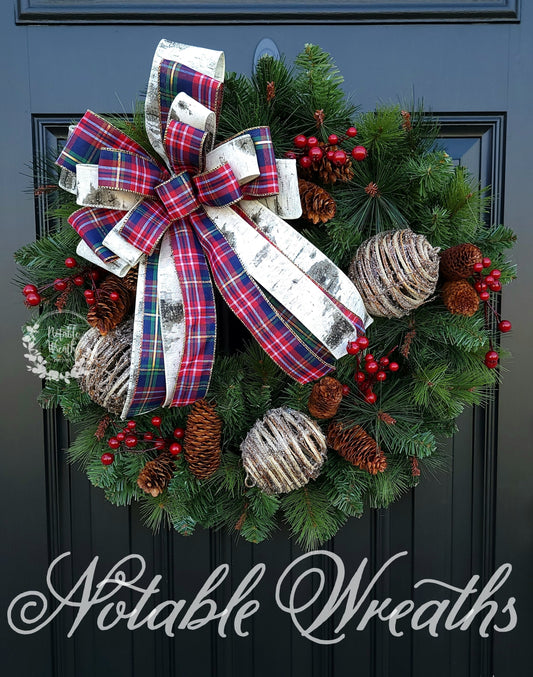 Pine Christmas berry wreath, Birch bow, Faux evergreen wreath, Winter berry wreath