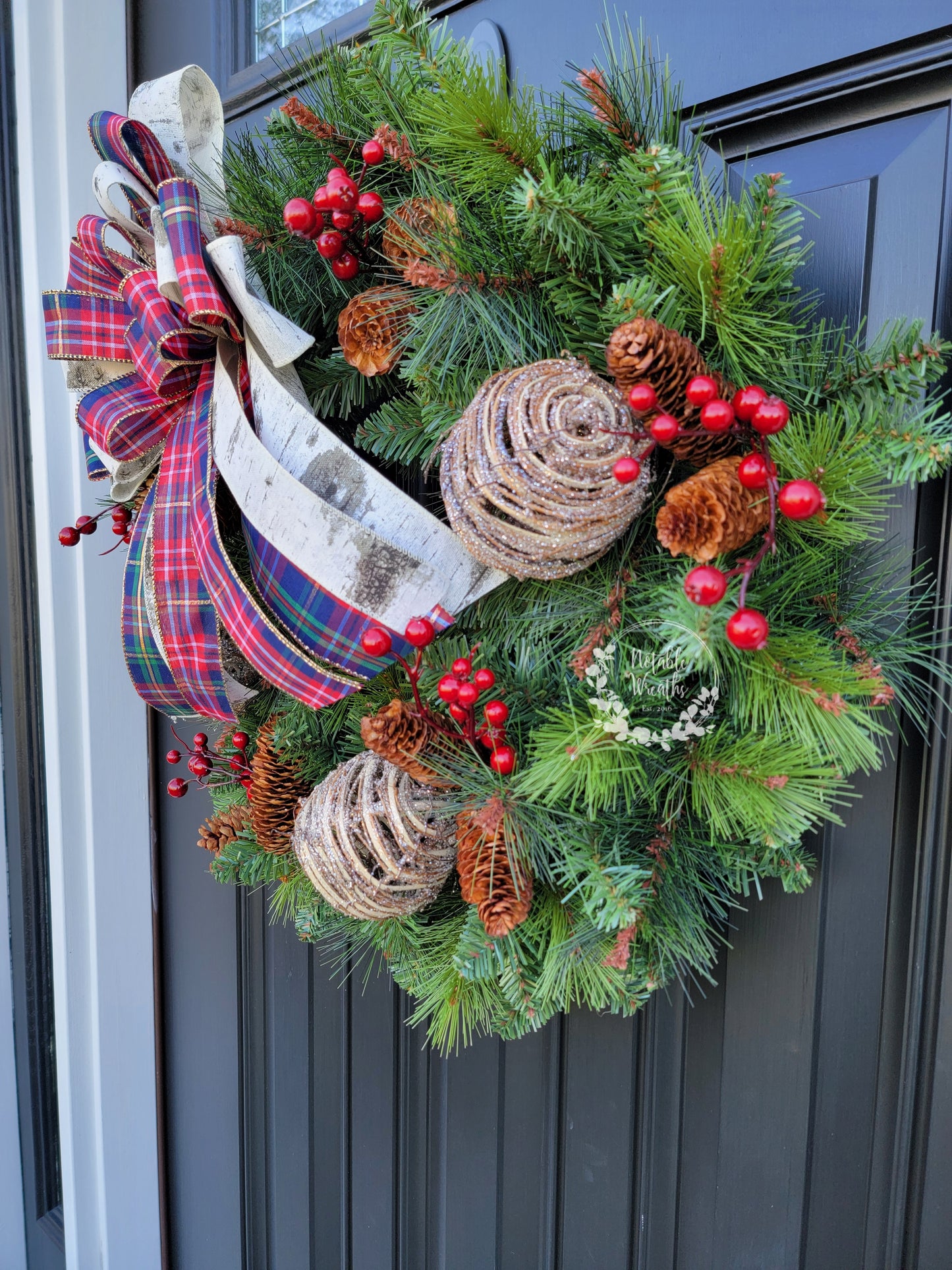 Pine Christmas berry wreath, Birch bow, Faux evergreen wreath, Winter berry wreath