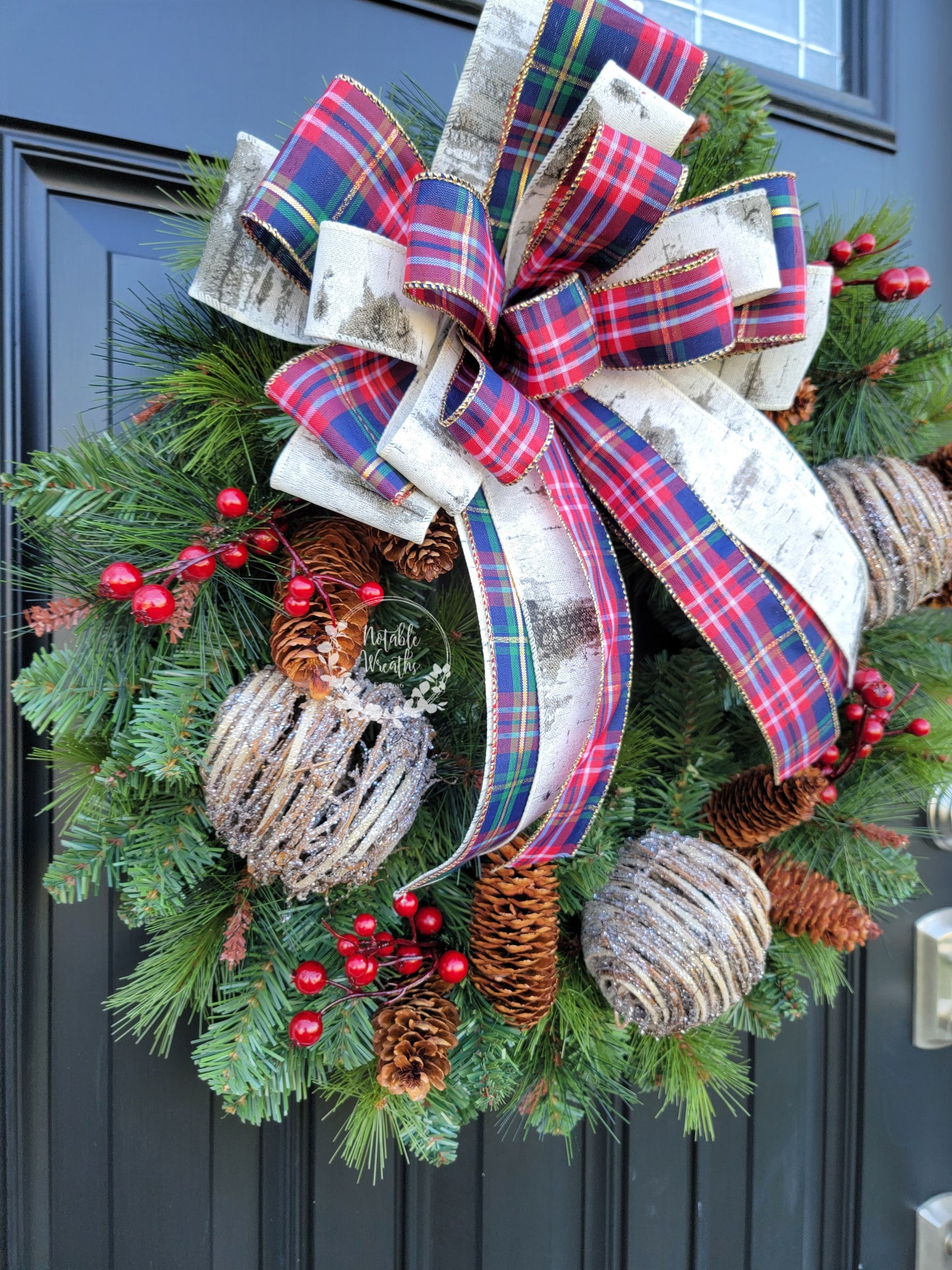 Pine Christmas berry wreath, Birch bow, Faux evergreen wreath, Winter berry wreath