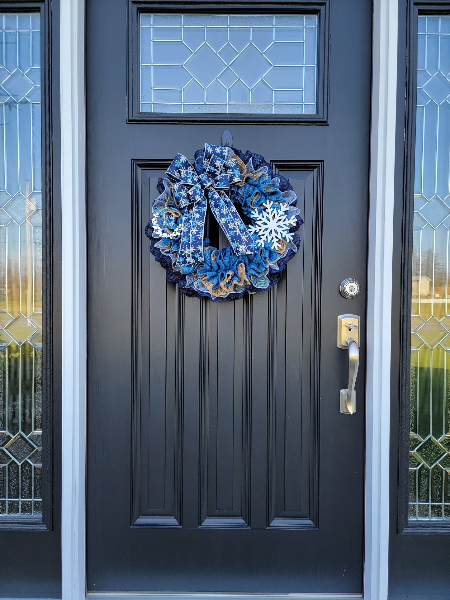 Blue winter Burlap wreath for front door, Snowflake wreath, Snowflake winter decor