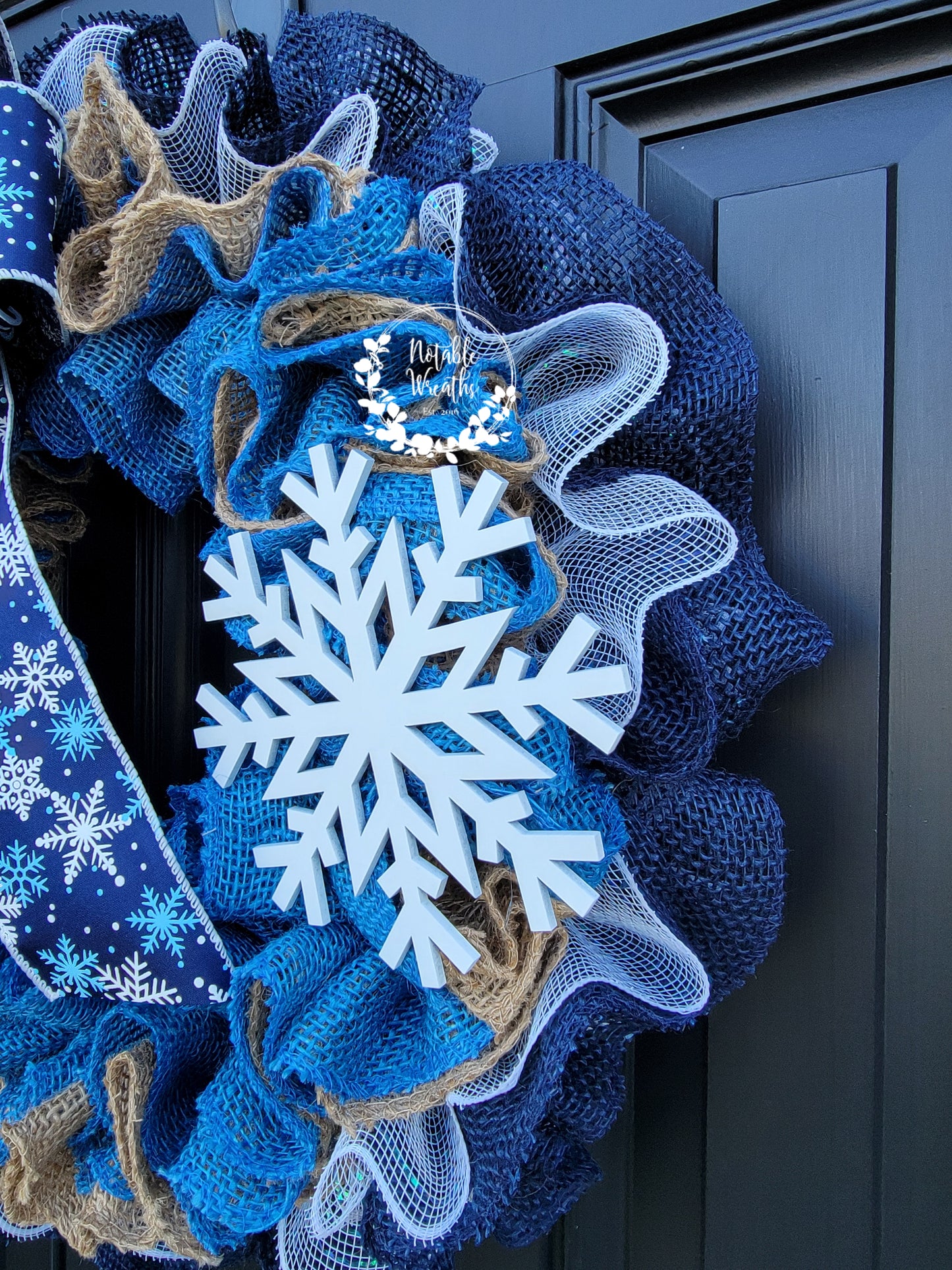 Blue winter Burlap wreath for front door, Snowflake wreath, Snowflake winter decor