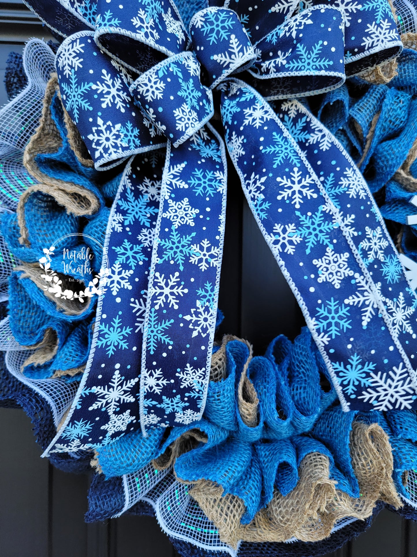 Blue winter Burlap wreath for front door, Snowflake wreath, Snowflake winter decor