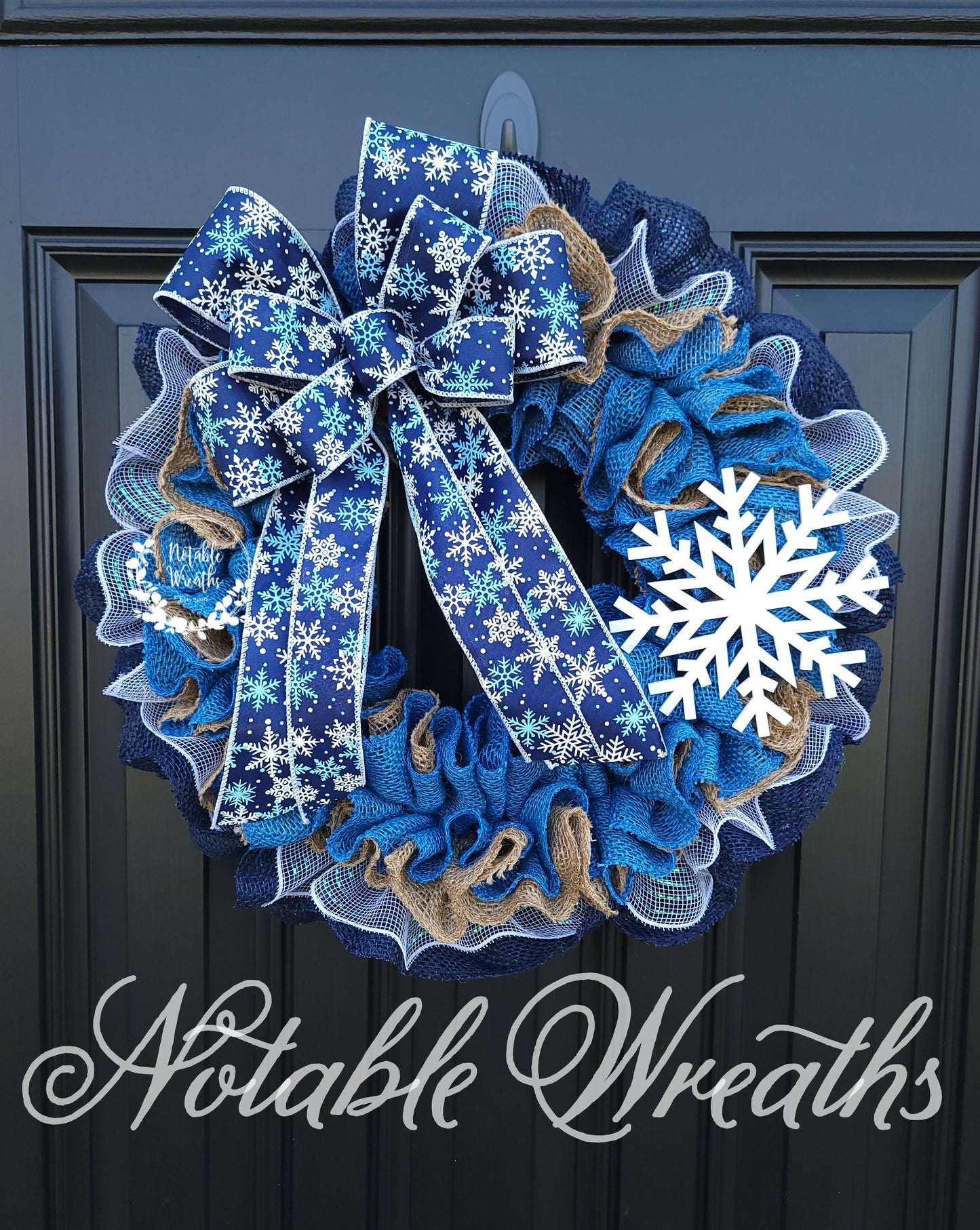 Blue winter Burlap wreath for front door, Snowflake wreath, Snowflake winter decor