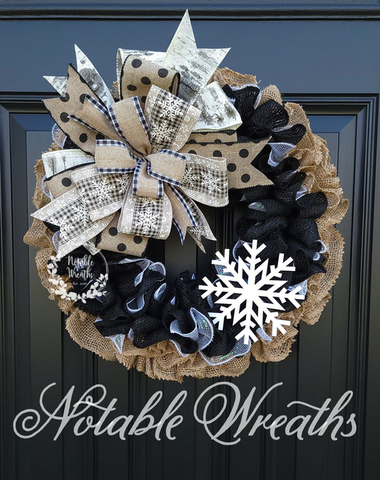 Black and white snowflake Winter wreath for front door, rustic winter wreath, snowflake decor, neutral winter decor, neutral winter wreath