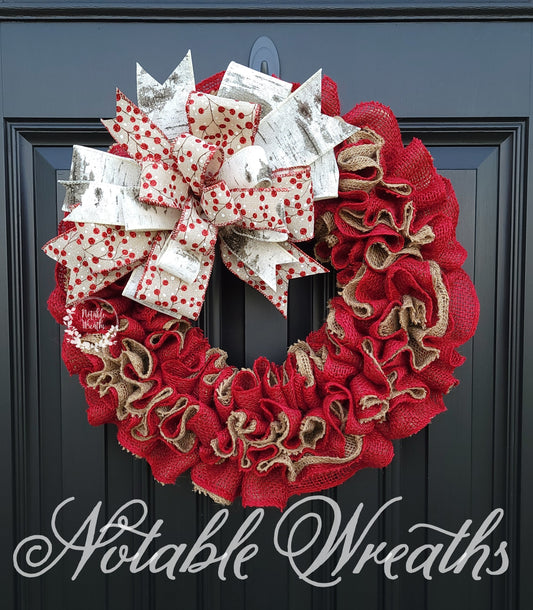 Winter red berry wreath for front door, red Christmas wreath, birch winter wreath, Christmas gifts, gifts for her