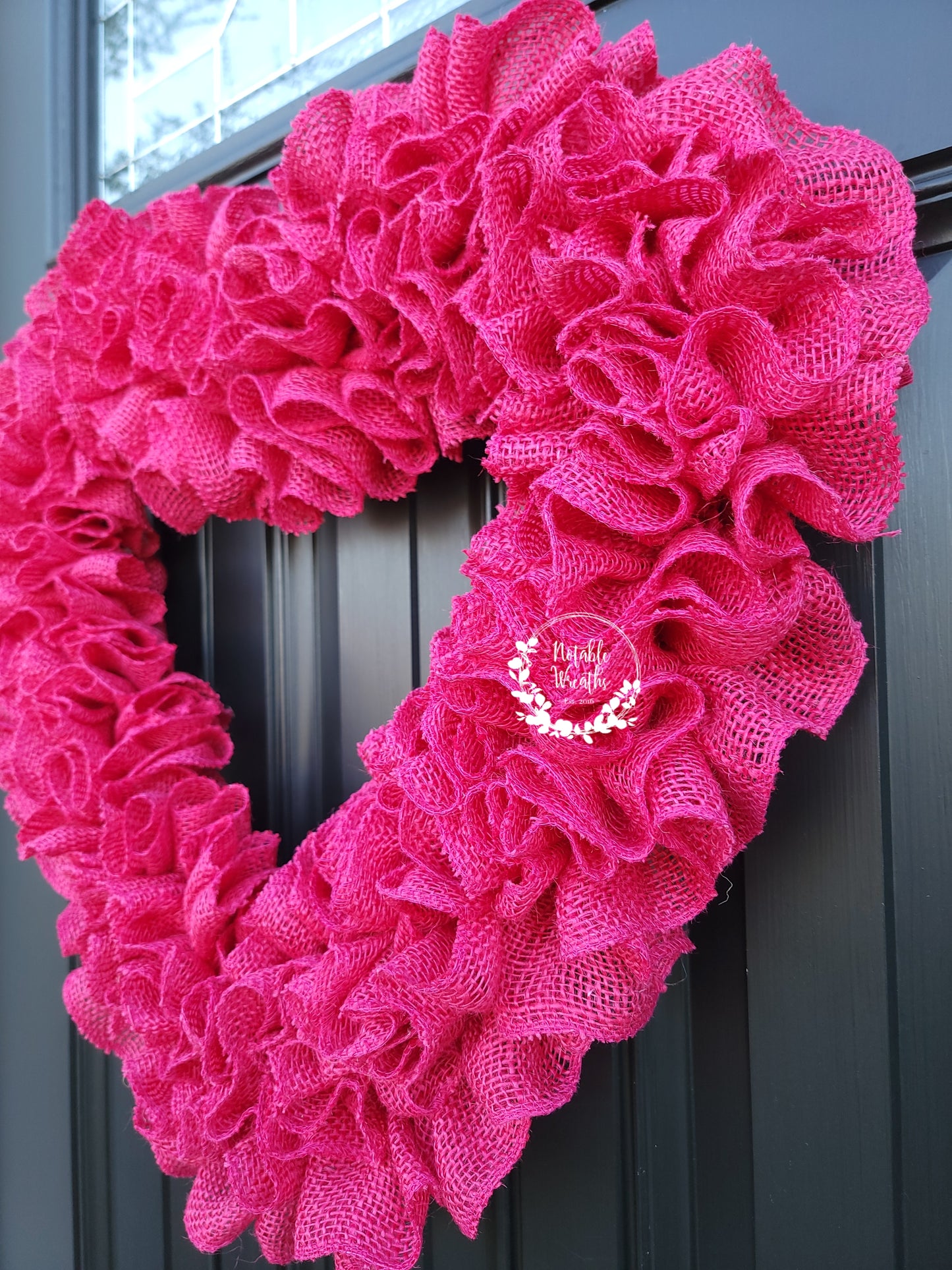 Large hot pink Valentine's day burlap heart wreath for front door, rustic valentine's day wreath