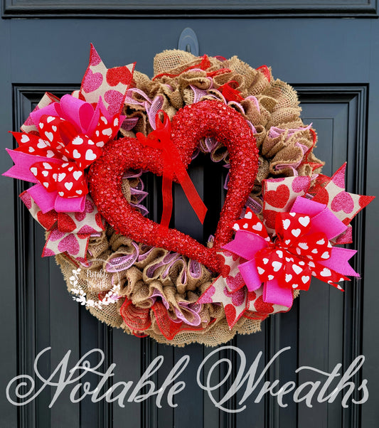 Valentine's day wreath for front door, burlap Valentine's day wreath, red and pink heart wreath, double doors wreath