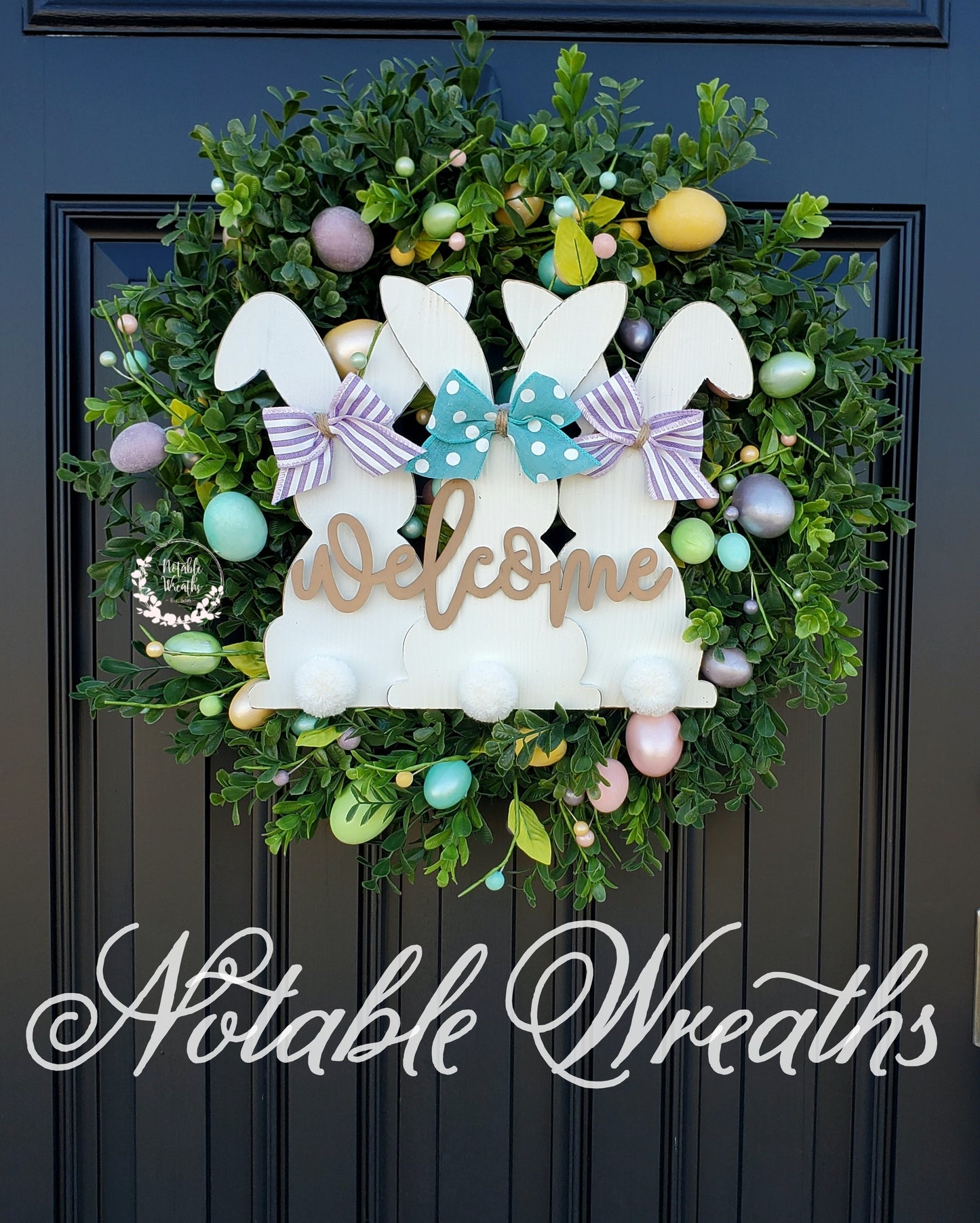 Easter Bunny berry Wreath, Spring boxwood Welcome Wreath for Front Door, Farmhouse Rabbit Porch Decor, faux boxwood wreath