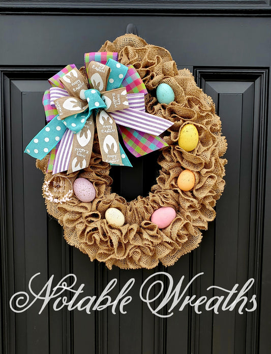 Easter burlap wreath for front door, Easter egg wreath, colorful spring wreath, Happy Easter wreath, bunny wreath