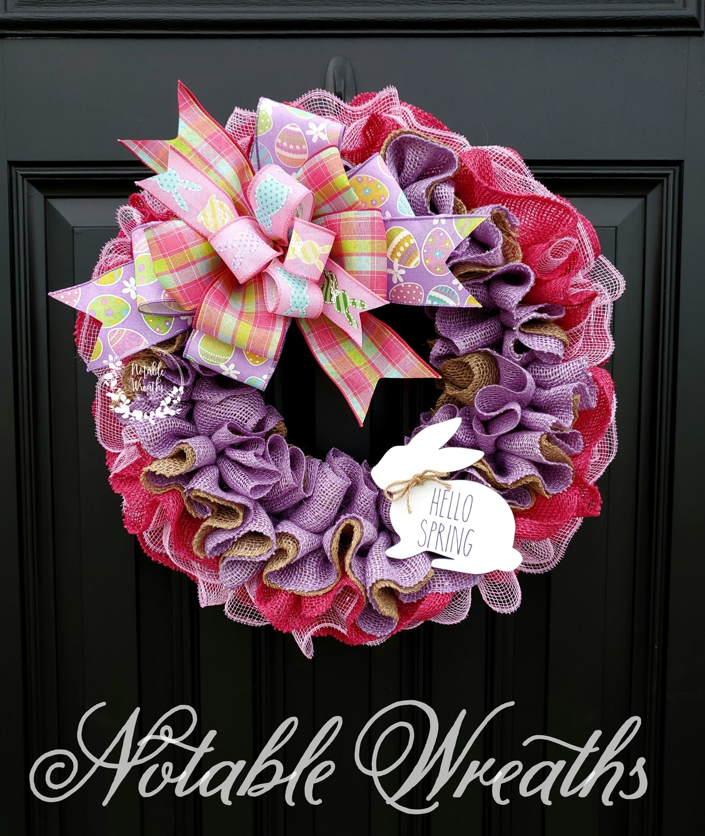 Easter wreath for front door, Hello Spring Rae Dunn inspired, bunny burlap wreath, purple deco mesh easter wreath, pink wreath