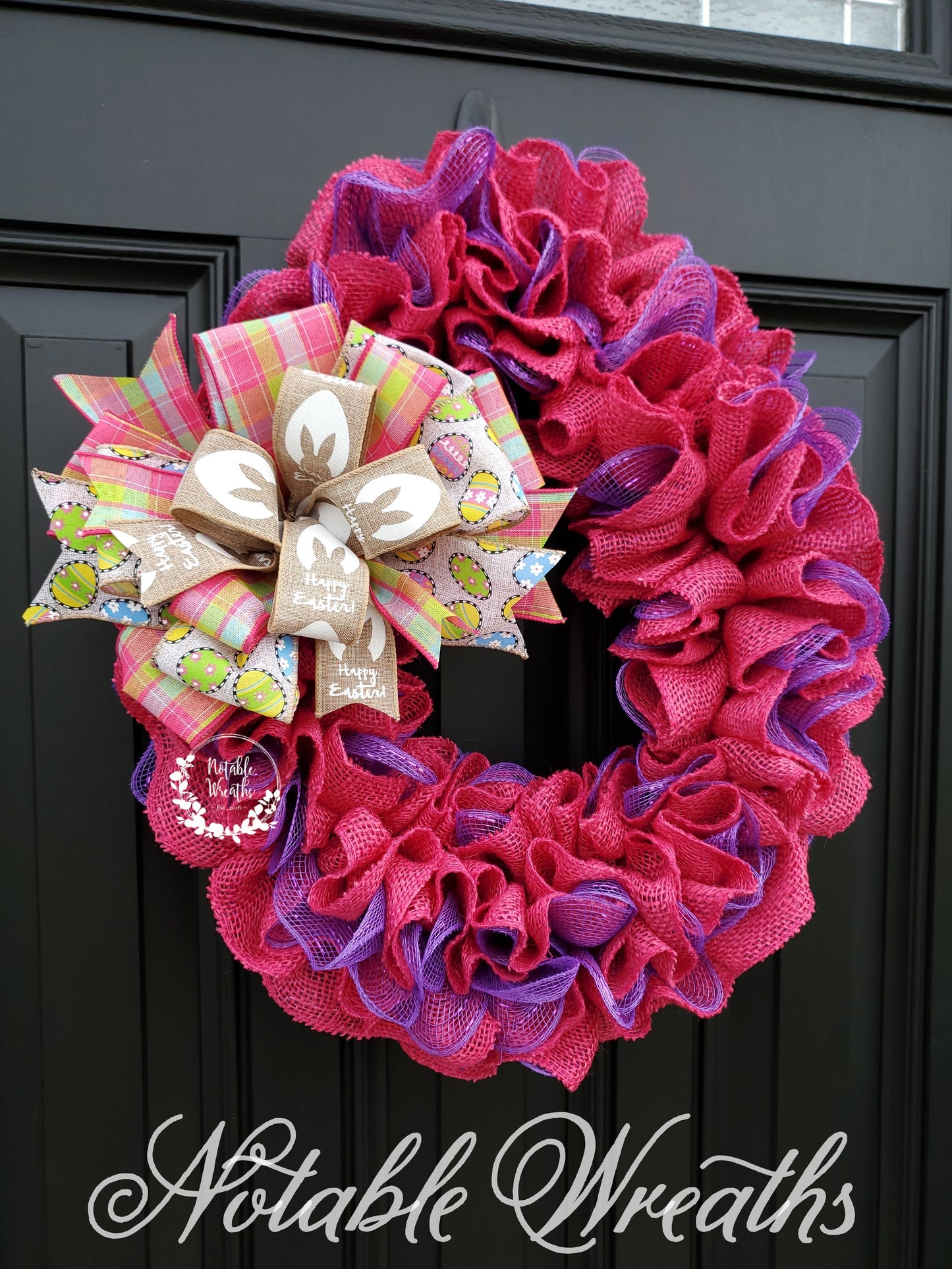 Easter burlap wreath for front door, Easter egg wreath, pink spring wreath, Happy Easter wreath, bunny wreath, purple