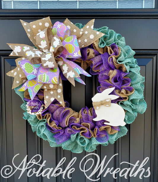 Easter wreath for front door, bunny burlap wreath, purple deco mesh easter wreath, teal wreath, spring burlap wreath