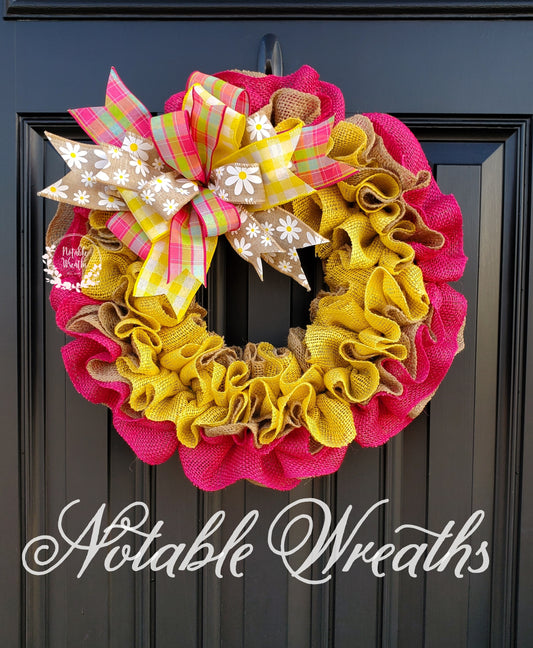 Spring burlap wreath for front door, daisy wreath, pink and yellow wreath for spring