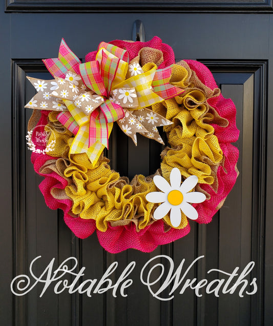 Spring burlap wreath for front door, daisy wreath, pink and yellow wreath for spring