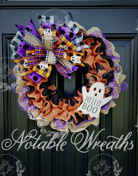 Rustic Halloween ghost wreath for front door, Hello Boo wreath, Rae Dunn inspired, buffalo check Halloween wreath, ghost wreath