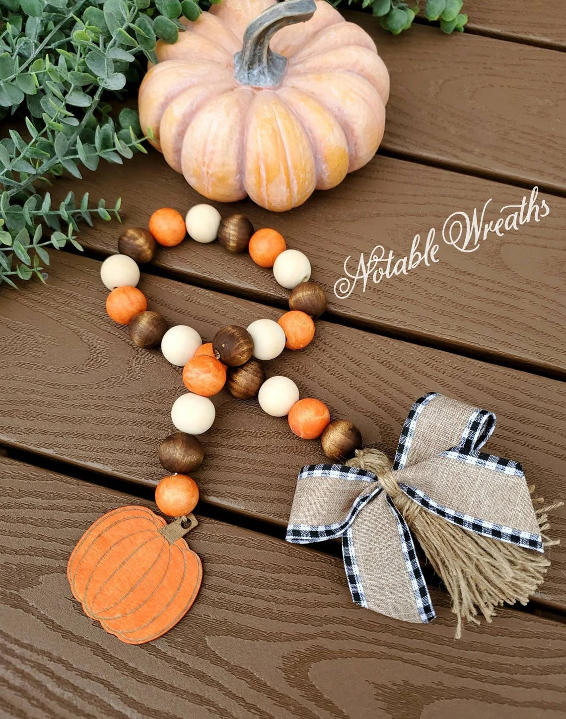 Pumpkin Fall wood bead garland, tiered tray decor, holiday garland for tiered tray