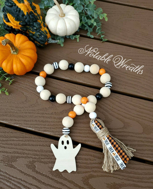 Rustic ghost Halloween wood bead garland, tiered tray decor, Halloween garland for tiered tray