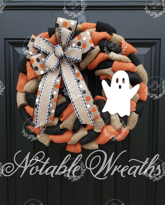 Rustic Halloween ghost wreath for front door, Boo wreath, buffalo check Halloween wreath, ghost wreath