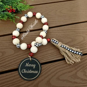 Christmas wood bead garland for tired tray, buffalo check head garland, merry Christmas garland