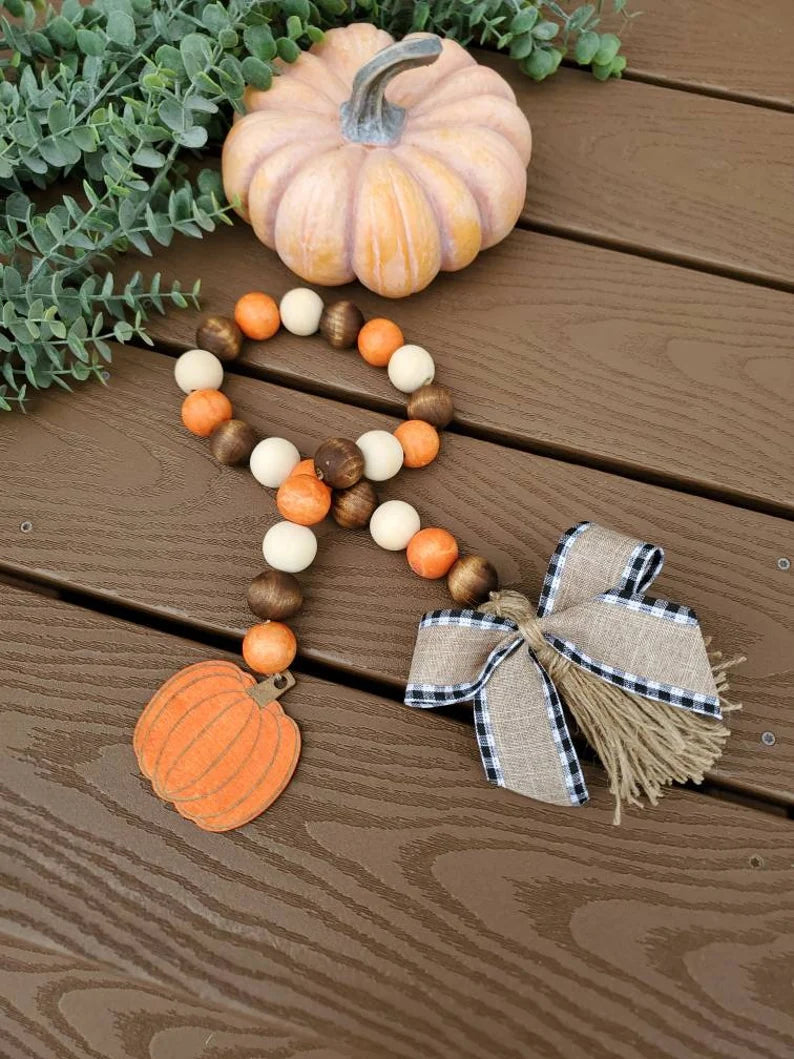 Pumpkin Fall wood bead garland, tiered tray decor, holiday garland for tiered tray